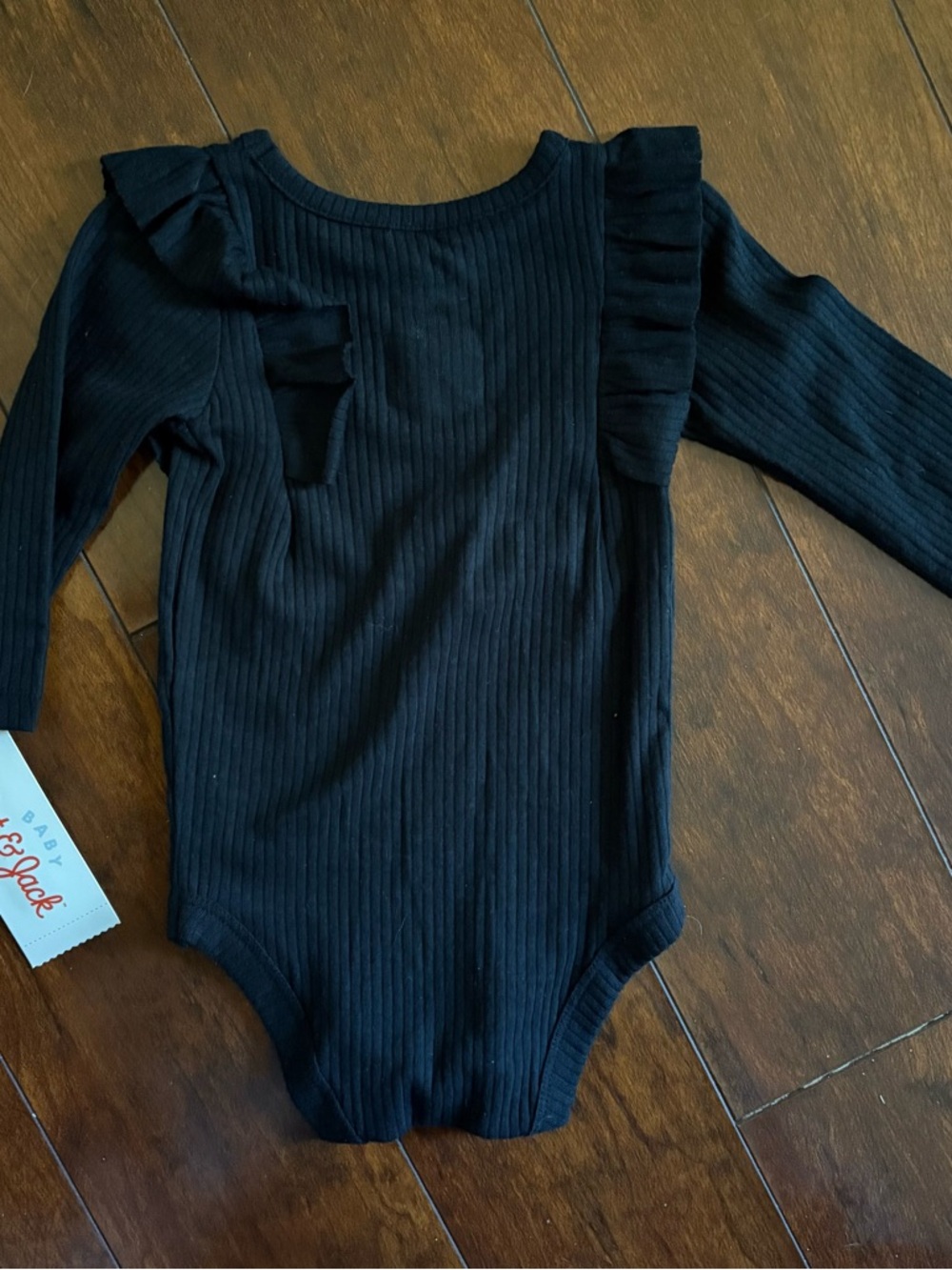 Target Black Ribbed Long-Sleeve Ruffle One-Piece Bodysuit - Picture 3 of 3